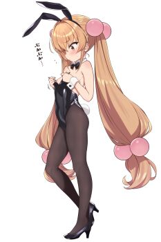 1girl animal_ear_hairband animal_ears ass black_bow black_bowtie black_leotard black_pantyhose black_shoes bow bowtie breasts brown_eyes brown_hair closed_mouth commentary_request detached_collar fake_animal_ears fake_tail full_body hair_ornament hairband high_heels highleg highleg_leotard highres kodomo_no_jikan kokonoe_rin leotard loli long_hair mobukichi nipple_slip nipples paid_reward_available pantyhose playboy_bunny rabbit_ear_hairband rabbit_ears rabbit_tail shoes simple_background small_breasts solo sphere_hair_ornament strapless strapless_leotard tail translation_request twintails very_long_hair white_background wrist_cuffs