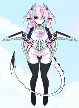 1girl absurdres android blush breasts bug_(houndeater) choker colored_eyelashes colored_skin commentary elbow_gloves english_commentary gloves highres houndeater long_hair monster_girl multicolored_hair no_nipples no_pussy original pink_hair see-through_body tail thighhighs very_long_hair white_skin wide_hips