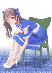 Rule 34 | 1girl, absurdres, blue bow, blue dress, blue ribbon, bow, brown hair, closed mouth, dress, eyelashes, feet, frills, full body, hair bow, hair ribbon, hand on own knee, high heels, highres, long hair, looking at viewer, on chair, original, pink eyes, ribbon, side ponytail, sitting, solo, stiletto heels, strappy heels, toyoki, white background, white footwear