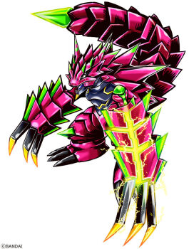 armalizamon armor claws commentary_request digimon digimon_(creature) digimon_beatbreak electricity full_body lizard no_humans official_art pink_armor purple_eyes sharp_teeth simple_background spiked_tail tail teeth white_background