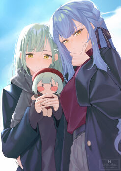 2girls bang_dream! bang_dream!_it's_mygo!!!!! black_jacket black_ribbon blue_hair blush braid character_doll commentary doll green_hair grey_scarf hair_ribbon hand_on_another's_waist hand_on_own_chin highres jacket kebohan long_hair looking_at_viewer mortis_(bang_dream!) mortis_(costume)_(bang_dream!) multiple_girls red_shirt ribbon scarf shirt sidelocks togawa_sakiko wakaba_mutsumi yellow_eyes