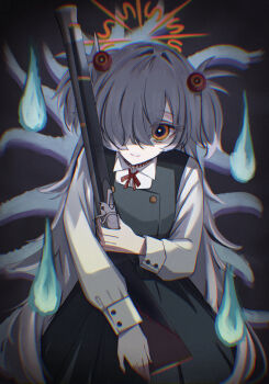 Rule 34 | 1girl, absurdres, antique firearm, blue archive, blunderbuss, brown halo, choker, collared shirt, commentary request, diagonal-striped ribbon, dress, eyeball hair ornament, firearm, gun, hair over one eye, halo, highres, hitodama, kanoe (blue archive), long hair, long sleeves, looking at viewer, mojyo, pinafore dress, rontuta6, shirt, sleeveless, sleeveless dress, solo, two side up, very long hair, weapon, white shirt