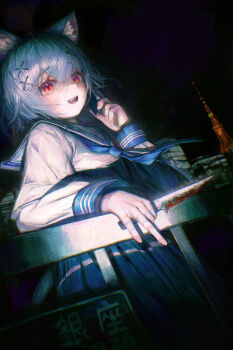 1girl absurdres animal_ears bandaid bandaid_on_finger bandaid_on_hand blood blood_drop bloody_knife blue_ribbon blue_skirt camera_flash cat_ears cat_girl cellphone city_lights cityscape commentary_request drawer_bushi_huajia grey_hair hair_ornament hairclip hand_up highres holding holding_knife holding_phone knife looking_at_viewer night open_mouth original phone pleated_skirt red_eyes ribbon school_uniform serafuku shirt short_hair skirt slit_pupils smartphone solo standing white_shirt