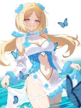 1girl :d aki_rosenthal blonde_hair blue_flower bob_cut breasts bug butterfly cleavage clothing_cutout commentary_request detached_sleeves dress flower flower-trimmed_dress gold_trim grin hair_flower hair_ornament headgear highres holding_own_dress hololive insect large_breasts long_sleeves looking_at_viewer low_twintails naturally_detached_hair navel official_alternate_costume open_mouth purple_eyes short_hair side_slit simple_background sleeveless sleeveless_dress smile solo stomach stomach_cutout twintails virtual_youtuber wading water wet wet_clothes white_background white_dress white_sleeves you06