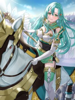 1girl aqua_hair blue_sky braid breasts chloe_(fire_emblem) cleavage closed_mouth cloud dated elbow_gloves feathered_wings fire_emblem fire_emblem_engage garter_straps gloves green_eyes highres holding holding_polearm holding_weapon large_breasts long_hair mixed-language_commentary mugitoro_(dsfv2277) nintendo pegasus polearm red_eyes riding sky smile spear sunlight weapon white_gloves white_wings wings