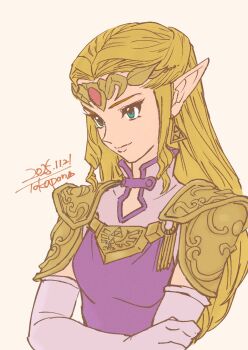 Rule 34 | 1girl, armor, artist name, blonde hair, blue eyes, circlet, closed mouth, commentary request, dated, dress, earrings, elbow gloves, gem, gloves, highres, holding own arm, jewelry, long hair, nintendo, pink dress, pink gloves, pointy ears, princess, princess zelda, red gemstone, shoulder armor, simple background, solo, takapon-o-ji, the legend of zelda, the legend of zelda: ocarina of time, triforce, upper body, white background
