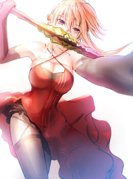 1girl absurdres adversarial_noise bare_shoulders black_gloves black_thighhighs blonde_hair bloom breasts cleavage commentary_request covered_mouth cowboy_shot criss-cross_halter dress elbow_gloves floating_hair foreshortening gloves halterneck heaven_burns_red highres holding holding_sword holding_weapon large_breasts long_hair looking_at_viewer outstretched_arm oyama_sou pink_eyes pov red_dress shirakawa_yuina side_slit simple_background sleeveless sleeveless_dress solo sword thighhighs thighs weapon white_background