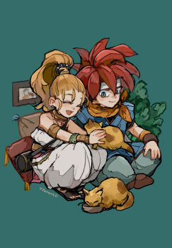 1boy 1girl :d artist_name bare_shoulders beads black_shirt blonde_hair blue_eyes blue_pants blue_tunic bowl bracer brown_shoes cat chrono_trigger closed_eyes closed_mouth clothing_request crono_(chrono_trigger) earrings eating forehead full_body green_background green_hair hand_on_own_knee high_ponytail highres holding jewelry jumpsuit legs_together marle_(chrono_trigger) neckerchief open_mouth pants pet_bowl picture_frame pillow plant ponytail red_hair sandals scarf shirt shoes short_sleeves simple_background sitting smile spiked_hair squatting teeth toes tunic upper_teeth_only uzutanco white_jumpsuit yellow_neckerchief