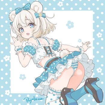 Rule 34 | 1girl, \||/, animal ears, ass, asymmetrical legwear, bear ears, bear girl, bear tail, black shoes, blue bow, blue eyes, blue panties, blue skirt, blue sleeves, blue socks, blue thighhighs, blue wrist cuffs, bow, bright pupils, commentary request, crop top, detached sleeves, fang, frilled shirt, frilled sleeves, frilled thighhighs, frilled wrist cuffs, frills, hair bow, high heels, highres, looking at viewer, looking back, medium hair, mismatched legwear, multicolored thighhighs, open mouth, original, panda ears, panda girl, panda tail, panties, pantyshot, po yo ta ma, polka dot, polka dot bow, polka dot skirt, polka dot sleeves, polka dot thighhighs, puffy detached sleeves, puffy sleeves, shirt, shoes, short hair, single sock, single thighhigh, skin fang, skirt, smile, socks, solo, striped clothes, striped panties, tail, thighhighs, two-tone panties, two-tone thighhighs, underwear, upskirt, white hair, white panties, white pupils, white thighhighs, wrist cuffs