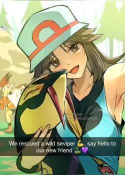 2girls alternate_color ariekochan bandana bike_shorts bike_shorts_under_shorts blue_shirt breasts brown_eyes brown_hair bucket_hat commentary english_commentary fanny_pack gen_3_pokemon german_suplex gloves hairband hat leaf_(pokemon) long_hair looking_at_viewer may_(pokemon) multiple_girls nintendo open_mouth pokemon pokemon_(creature) pokemon_frlg pokemon_rse ralts red_bandana red_shirt seviper shiny_pokemon shirt short_hair shorts shorts_under_shorts sleeveless sleeveless_shirt smile suplex vs_seeker white_hat wristband zangoose