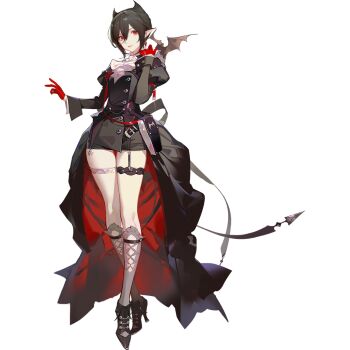 1girl animal arknights ask_(askzy) bat_(animal) black_hair black_shorts black_tailcoat black_theme crossed_ankles entelechia_(arknights) formal_clothes full_body garter_straps gloves grey_socks hair_horns kneehighs long_sleeves micro_shorts official_art pointy_ears red_eyes red_gloves red_lips shin_strap shorts simple_background single_garter_strap socks solo standing tachi-e tailcoat thigh_strap third-party_source transparent_background two-sided_tailcoat