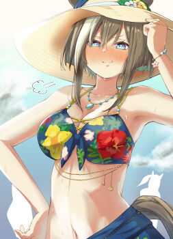 1girl absurdres animal_ears arm_up armpits bikini blue_bikini blue_eyes blue_sarong blush breasts brown_hair brown_hat brown_tail cheval_grand_(umamusume) cleavage cloud cloudy_sky commentary_request cosplay floral_print floral_print_bikini hair_between_eyes hand_on_own_hip hat highres horse_ears horse_girl horse_tail jewelry kichi_tik large_breasts multicolored_hair navel necklace nose_blush outdoors print_bikini sarong satono_crown_(sunny_island_splendor)_(umamusume) satono_crown_(umamusume) satono_crown_(umamusume)_(cosplay) short_hair short_hair_with_long_locks sidelocks sky smug streaked_hair sun_hat sweat swimsuit tail umamusume upper_body white_hair white_streaks