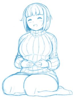 1girl :d ^_^ blunt_bangs blush bob_cut breasts closed_eyes colored_lineart commentary_request hands_on_own_stomach large_breasts leggings minato_(leap-up) open_mouth original short_hair simple_background sitting sketch skirt smile solo sweater thighs turtleneck turtleneck_sweater white_background yokozuwari