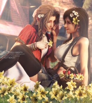 2girls 3d aerith_gainsborough asymmetrical_bangs bare_arms belt black_hair blouse bracelet braid breasts brown_hair choker closed_eyes dress earrings final_fantasy final_fantasy_vii final_fantasy_vii_remake flower flower_basket gainsborough_house garden hair_flower hair_ornament hair_ribbon highres holding holding_flower jacket jewelry large_breasts light_particles lily_(flower) long_hair midriff multiple_girls necklace outdoors parted_lips pink_dress pink_ribbon red_flower red_jacket ria-neearts ribbon shirt sidelocks skirt square_enix suspender_skirt suspenders thighhighs tifa_lockhart wavy_hair white_flower white_shirt yellow_flower yuri zettai_ryouiki