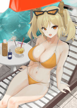 1girl :d alternate_costume arms_at_sides artist_name bare_arms bare_legs bare_shoulders beach_umbrella bikini black-framed_eyewear blonde_hair breasts burnice_white chair cleavage cocktail cocktail_umbrella collarbone commentary cup day drinking_glass eyewear_on_head fireworks food from_above front-tie_bikini_top front-tie_top fruit hair_ornament halterneck highres hurricane_glass large_breasts lemon lemon_slice looking_at_viewer lotion lotion_bottle lounge_chair monomothina navel o-ring o-ring_bikini on_chair open_mouth orange-tinted_eyewear orange_bikini orange_eyes outdoors pool poolside round_table shade shadow short_hair side-tie_bikini_bottom sitting smile solo sparkler stomach sunglasses sunscreen swimsuit table tinted_eyewear twintails umbrella water zenless_zone_zero