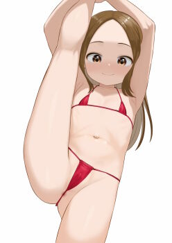 1girl anus anus_peek armpits atg_(wttoo0202) bikini brown_eyes brown_hair cameltoe closed_mouth commentary_request flat_chest forehead from_below karakai_jouzu_no_takagi-san leg_up loli long_hair looking_at_viewer looking_down navel parted_bangs red_bikini simple_background smile solo split standing standing_on_one_leg standing_split swimsuit takagi-san white_background