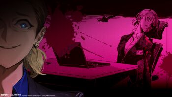 1girl absurdres black_jacket blonde_hair blood blood_splatter blue_eyes blue_shirt chair character_request collared_shirt computer copyright_name copyright_notice desk earrings halftone highres jacket jewelry laptop logo looking_at_viewer low_ponytail multiple_views office_chair office_lady official_art official_wallpaper pink_background ponytail portrait shirt sitting smile stud_earrings suit_jacket swivel_chair upper_body xinyue_tongxing