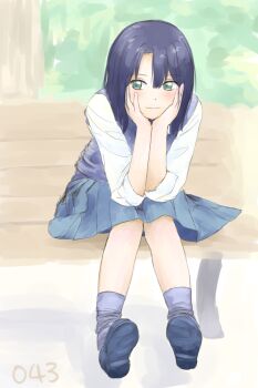 1girl adachi_sakura adachi_to_shimamura bench blue_hair blue_shoes blue_skirt blue_sweater_vest closed_mouth commentary_request green_eyes hand_on_own_face highres m107_hoge medium_hair outdoors park_bench pleated_skirt purple_socks shirt shoes sitting skirt smile socks solo sweater_vest white_shirt