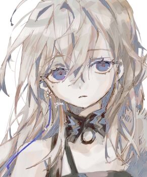 Rule 34 | 1girl, arknights, blue eyes, detached collar, earrings, hair between eyes, jewelry, long hair, looking at viewer, mole, mole under eye, one-hour drawing challenge, parted lips, sidelocks, signature, simple background, single bare shoulder, sketch, sleeveless, solo, ujoe 7hr, vannini (arknights), white background, white hair