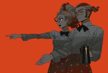 1boy 1girl apron aqua_eyes black_bow black_bowtie blonde_hair bow bowtie buttons cowlick double-breasted furrowed_brow glasses gradient_hair griselle_(pokemon) grisham_(pokemon) hair_pulled_back holding_coffee_pot kurokawashinrin multicolored_hair nintendo one_eye_closed open_mouth orange_apron orange_background orange_hair patterned_clothing pointing pointing_forward pokemon pokemon_legends:_z-a ponytail print_apron red_eyes shirt short_ponytail two-tone_hair upper_body waist_apron wavy_hair white-framed_eyewear white_shirt