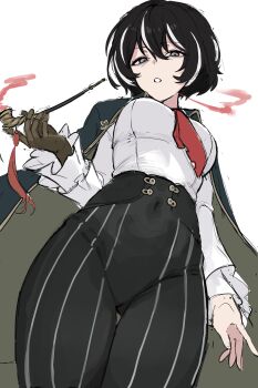 1girl absurdres black_hair black_pants breasts brown_gloves cape commentary_request covered_navel from_below gloves grey_eyes high-waist_pants highres holding holding_smoking_pipe kim_nyangpeon korean_commentary large_breasts limbus_company moses_(project_moon) multicolored_hair pants parted_lips project_moon shirt short_hair simple_background single_glove sketch smoke smoking_pipe solo standing streaked_hair two-tone_hair white_background white_hair white_shirt