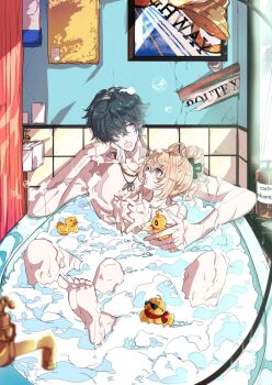 1boy 1girl barefoot blonde_hair blush collarbone commentary_request feet green_eyes green_hair hair_between_eyes hair_over_one_eye head_rest in_bathtub indoors jewelry lighter_(zenless_zone_zero) looking_at_another luciana_de_montefio mixed-sex_bathing multiple_scars nanawo necklace open_mouth red_eyes rubber_duck scar scar_on_arm scar_on_chest shampoo_bottle shared_bathing short_hair sitting soap soles toes water wet zenless_zone_zero