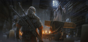 1boy 1girl armor candle chainmail dress evgenij_kungur geralt_of_rivia grey_hair head_wreath highres indoors ladder long_hair silk spider_web sword sword_on_back the_witcher_(series) weapon weapon_on_back white_dress wreath