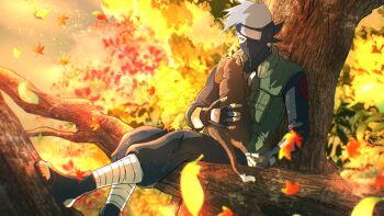 1boy absurdres animal bandaged_leg bandages black_boots black_gloves black_headband black_mask black_pants black_shirt boots cat falling_leaves fingerless_gloves foot_out_of_frame gloves green_vest grey_hair hatake_kakashi headband highres holding holding_animal holding_cat in_tree leaf male_focus mask mouth_mask naruto_(series) one_eye_covered open-toe_boots pants shirt short_hair sitting t04_skyhigh tree vest