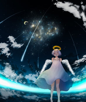 1girl absurdres angel angel_wings closed_eyes closed_mouth cloud collarbone commentary_request crescent_moon dress expressionless fisheye foot_out_of_frame halo highres horizon meteor_shower moon night night_sky nor_ni original outdoors scenery short_hair sky sky_focus sleeveless sleeveless_dress solo spaghetti_strap standing star_(sky) starry_sky traditional_halo white_dress white_hair white_wings wings