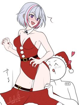 1boy 1girl bare_shoulders belt blue_eyes blush breasts cleavage dated dress grey_hair hat heart highres honkai:_star_rail honkai_(series) lilipon looking_at_another medium_breasts pantyhose red_hair red_nails red_skirt santa_costume santa_dress santa_hat short_hair signature skirt thigh_strap topaz_(honkai:_star_rail)