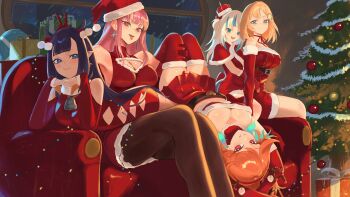 5girls absurdres belt belt_buckle blonde_hair blue_eyes breasts buckle christmas_ornaments christmas_tree commentary couch dress earrings elbow_gloves english_commentary fingerless_gloves gawr_gura gift gloves hat highres hirosenpai hololive hololive_english holomyth jewelry large_breasts looking_at_viewer mori_calliope multiple_girls ninomae_ina'nis open_mouth orange_hair pantyhose pink_eyes pink_hair pointy_ears santa_costume santa_dress santa_hat sharp_teeth sitting smile takanashi_kiara teeth thighhighs tongue tongue_out watson_amelia white_hair window