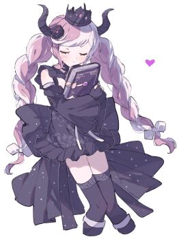 1girl absurdres black_dress black_flower black_gloves black_horns black_sleeves black_thighhighs book braid closed_eyes closed_mouth cropped_legs crown detached_sleeves dress facing_viewer fingerless_gloves floral_print flower frilled_dress frills gloves hair_flower hair_ornament hair_ribbon heart highres holding holding_book horns hwr33m long_hair master_detective_archives:_rain_code multicolored_hair hugging_object pink_hair ribbon shinigami_(rain_code) simple_background solo thighhighs twin_braids two-tone_hair very_long_hair white_background white_hair white_ribbon