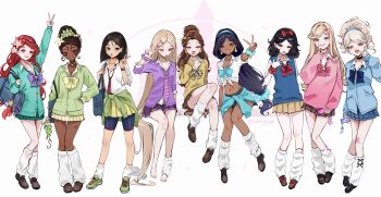6+girls adapted_costume aladdin_(movie) alternate_costume alternate_universe animal_print animification ariel_(disney) aurora_(disney) barbell_piercing bare_shoulders barefoot beauty_and_the_beast_(disney) belle_(disney) bike_shorts bimbofication black_hair blonde_hair blue_cardigan blue_eyes book bow bowtie breasts brown_eyes brown_hair cardigan cardigan_around_waist cellphone cellphone_charm charm_(object) choker cinderella_(disney_character) cinderella_(disney_movie) cleavage clothes_around_waist company_connection contemporary crossover dark-skinned_female dark_skin disney disney_princess ear_piercing earrings fa_mulan_(disney) fake_nails fingernails flower front-tie_top full_body ganguro green_eyes gyaru gyaru_v hair_bun hair_ornament hairclip highres industrial_piercing jasmine_(disney) jewelry kogal leg_warmers leopard_print lipstick_mark lipstick_mark_on_leg long_fingernails long_hair looking_at_viewer loose_bowtie loose_necktie loose_socks makeup medium_hair midriff miniskirt mulan_(movie) multiple_crossover multiple_girls nail_polish navel necktie ompf one_eye_closed open_collar phone piercing pink_nails pink_sweater pleated_skirt ponytail rapunzel_(disney) red_hair school_uniform scrunchie shell shirt short_hair simple_background skirt sleeping_beauty_(disney) smartphone smile snow_white_(disney) snow_white_and_the_seven_dwarfs_(disney) socks sweater sweater_around_waist tangled the_little_mermaid_(disney) the_princess_and_the_frog_(disney) thighs tiana_(the_princess_and_the_frog) tongue tongue_out v v_over_mouth very_long_hair vest white_background wrist_scrunchie