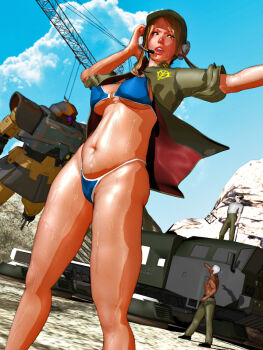 1girl 2boys bikini blue_bikini breasts brown_hair cloud day ground_vehicle hat headphones headset jacket kill_the_king mature_female mecha medium_breasts military military_vehicle motor_vehicle multiple_boys navel open_clothes outdoors robot sky swimsuit tank underboob wet