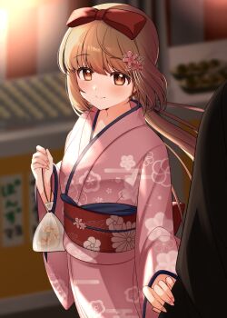 1girl 1other absurdres back_bow bag bagged_fish blurry blurry_background blush bow brown_eyes brown_hair c7_master closed_mouth clothes_grab commentary_request depth_of_field fingernails fish floating_hair floral_print floral_print_kimono floral_print_sash flower goldfish hair_bow hair_flower hair_ornament hand_up highres holding holding_bag idolmaster idolmaster_cinderella_girls japanese_clothes kimono long_hair long_sleeves looking_at_viewer obi obiage obijime outdoors pink_kimono pink_nails ponytail print_kimono print_sash red_bow sash sayagata smile standing summer_festival wide_sleeves yorita_yoshino yukata