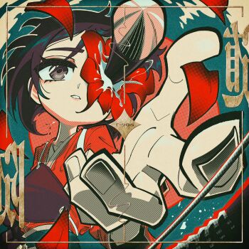 Rule 34 | 1girl, abstract background, arrow (projectile), arrow in body, arrow in head, black eyes, black hair, blue background, dedeen, falling petals, floating hair, flower, flower over eye, foreshortening, gold border, highres, impaled, japanese clothes, kimono, looking ahead, manimani (vocaloid), multicolored background, muneate, object through head, outstretched hand, parted lips, petals, red background, red flower, red kimono, short hair, solo, tasuki, upper body, vocaloid