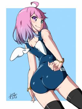 Rule 34 | 1girl, ahoge, alternate costume, angel wings, anime coloring, arm at side, ass, bare shoulders, black thighhighs, blue background, blue hair, blue one-piece swimsuit, bob cut, border, bracelet, closed mouth, commentary request, cowboy shot, dutch angle, fake wings, foreshortening, from behind, from below, gold bracelet, gradient hair, grey eyes, hand on own hip, heterochromia, highres, himemori luna, hololive, jewelry, looking at viewer, looking back, mini wings, multicolored hair, name tag, one-piece swimsuit, oshinobi shinobu, parody, partial commentary, pink hair, purple eyes, school swimsuit, short hair, shoulder blades, signature, simple background, solo, standing, style parody, swimsuit, thighhighs, turning head, virtual youtuber, watanabe akio (style), white border, white wings, wings