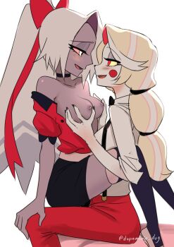 Rule 34 | 2girls, bare shoulders, bow, breasts, charlie morningstar, circle facial mark, colored inner hair, colored sclera, colored skin, commentary request, dopaminie dog, facial mark, grabbing another's breast, grey skin, groping, hazbin hotel, hellaverse, highres, medium breasts, miniskirt, multi-tied hair, multicolored hair, multiple girls, nipples, off shoulder, open clothes, open shirt, pants, pink sclera, ponytail, red bow, red eyes, red pants, skirt, straddling, suspenders, thighhighs, upright straddle, vaggie, yellow eyes, yellow sclera, yuri