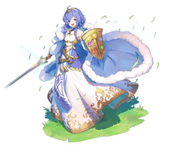 Rule 34 | 1girl, bare shoulders, blue cloak, blue dress, blue eyes, blue hair, cloak, commentary request, commission, cosplay, dress, falchion (fire emblem), female morgan (fire emblem), fire emblem, fire emblem awakening, fire emblem cipher, full body, fur-trimmed cloak, fur trim, glowing, grass, highres, holding, holding shield, holding sword, holding weapon, layered dress, lucina (fire emblem), lucina (fire emblem) (cosplay), lucina (hope-ruling queen) (fire emblem), mytea (soso), nintendo, open mouth, shield, short hair, simple background, skeb commission, sleeveless, sleeveless dress, smile, solo, sword, tiara, weapon, white background, white dress