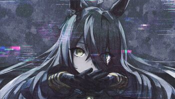 1girl ahoge animal_ears black_background black_coat black_gloves black_hair coat covered_mouth ear_tag earrings glitch gloves highres horse_ears horse_girl jewelry kumano_iroha long_hair long_sleeves looking_at_viewer manhattan_cafe_(umamusume) multicolored_hair single_earring solo static umamusume very_long_hair white_hair