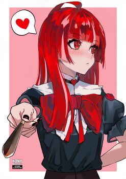 Rule 34 | 1girl, absurdres, ahoge, arm behind back, artist name, averting eyes, black corset, black dress, black nails, blunt bangs, blunt ends, blush, border, bow, bowtie, commentary, corset, dress, frills, gift, heart, highres, holding, holding gift, hololive, hololive indonesia, incoming gift, kureiji ollie, long hair, looking to the side, multicolored hair, nail polish, nkonya, olivia (kureiji ollie), outside border, pink background, pink streaks, puffy short sleeves, puffy sleeves, red bow, red bowtie, red eyes, red hair, short sleeves, sidelocks, simple background, solo, speech bubble, spoken heart, straight hair, streaked hair, twitter logo, twitter username, upper body, virtual youtuber, white border