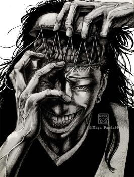Rule 34 | 1boy, arm up, black hair, brain, clenched teeth, ear piercing, evil grin, evil smile, exposed brain, fingernails, getou suguru, getou suguru (kenjaku), greyscale, grin, hand on own face, hand on own head, hand up, highres, jujutsu kaisen, kenjaku, long hair, looking at viewer, male focus, maya panda, monochrome, piercing, plug (piercing), portrait, scalped, smile, solo, stitched forehead, stitches, teeth, traditional media, twitter username, veins, veiny arms, veiny hands