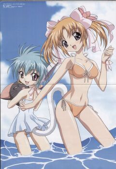 00s 2girls absurdres apricot_sakuraba bikini blue_hair breasts broccoli_(company) cleavage day dress fang galaxy_angel galaxy_angel_rune highres medium_breasts mimolette mimolette_(galaxy_angel) multiple_girls nano-nano_pudding ocean orange_bikini orange_hair purple_eyes ribbon scan shinohara_kenji short_hair short_twintails side-tie_bikini_bottom swimsuit tail twintails water