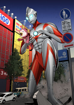 1boy abs alien arrow_(symbol) beak billboard blue_eyes blue_sky building car carrying city cityscape claws color_timer colored_skin commentary compound_eyes cracked_road dirt dorsal_fin dust_cloud emi_(ultraman:_rising) film_grain fins full_body giant giant_male gigo glowing glowing_eyes gradient_sky head_fins highres kaiju knee_up lamppost looking_at_another looking_down monster motor_vehicle multicolored_skin night no_parking_sign no_pupils on_one_knee open_mouth outdoors pectorals pedestrians_only_sign railing red_scales red_skin road_sign rubble sign silver_skin sky sofmap tokusatsu toned toned_male tongue tongue_out tree two-tone_skin ultra_series ultraman:_rising ultraman_(ultraman:_rising) van yuuki_koutarou
