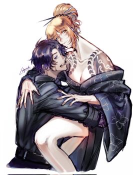 1boy 1girl bare_legs bare_shoulders black_kimono black_shirt breasts carrying collarbone commentary english_commentary hair_bun hair_ornament hair_stick heathcliff_(project_moon) highres hug ishmael_(project_moon) japanese_clothes kimono kurokumo_clan_(identity)_(project_moon) labyrinth6868 large_breasts limbus_company long_sleeves orange_eyes orange_hair project_moon purple_eyes rope shirt simple_background white_background