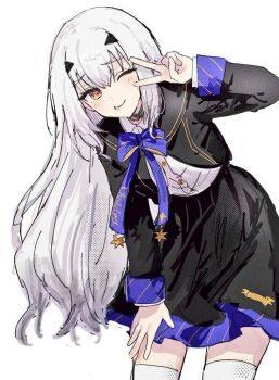 1girl black_dress dress fate/grand_order fate_(series) hands_on_own_thigh melusine_(fate) nekwnek one_eye_closed ribbon simple_background tongue tongue_out v white_background white_hair yellow_eyes