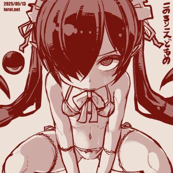 1girl arms_between_legs backbeako_(torotei) backbeard blush bow bow_panties bra breasts closed_mouth commentary dated dated_commentary gegege_no_kitarou gloves hair_over_one_eye hair_ribbon kono_lolicon_domome leaning_forward light_frown loli long_hair looking_at_viewer maid_headdress monochrome navel neck_ribbon original paid_reward_available panties pointy_ears red_theme ribbon ribs ringed_eyes side-tie_panties simple_background sitting small_breasts solo spread_legs sweat thighhighs torotei translated twintails underwear underwear_only watermark web_address white_background