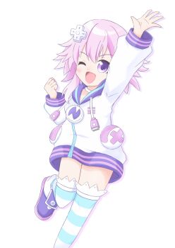 1girl choker commentary_request d-pad d-pad_hair_ornament drawstring emblem hair_ornament highres hood hoodie neptune_(neptunia) neptune_(series) one_eye_closed open_mouth purple_eyes purple_hair short_hair sidelocks simple_background snoopyhn socks solo striped_clothes striped_socks striped_thighhighs thighhighs usb white_background white_choker