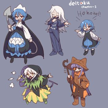 5girls animal_hat cat_girl cat_hat child colored_eyelashes deltarune dress genderswap genderswap_(mtf) genderswap_(otf) hat highres jester jester_cap jester_costume jevil king_(deltarune) lancer_(deltarune) magg_(user_mtca8588) multiple_girls rouxls_kaard seam_(deltarune) sharp_teeth teeth utdr_(toby_fox) white_eyelashes white_hair