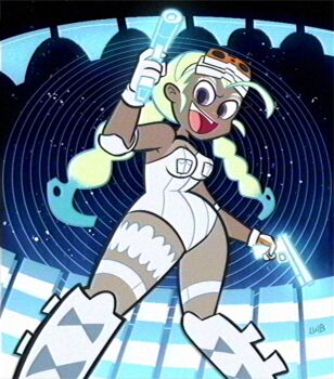 Rule 34 | 1girl, blonde hair, blue hair, boots, breasts, from below, goggles, goggles on head, gradient background, gun, gunsmith bitch (psg), holding, holding gun, holding weapon, leotard, lolwutburger, medium breasts, night, night sky, panties, panty &amp; stocking with garterbelt, pocket, purple eyes, signature, sky, solo, star (sky), teeth, thigh strap, toon (style), underwear, vhs artifacts, weapon, white boots, white leotard